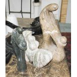 FIGURES, a set of three, contemporary style in various marbles, 41cm, 30cm and 23cm H.