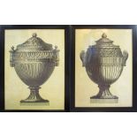 A PAIR OF PRINTS WITH CRAQUELEURE EFFECT, of two urns, 127cm x 95cm each, framed and glazed.