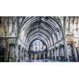 21ST CENTURY PHOTO PRINT, of the inside of a derelict church on tempered glass, 80cm x 120cm.