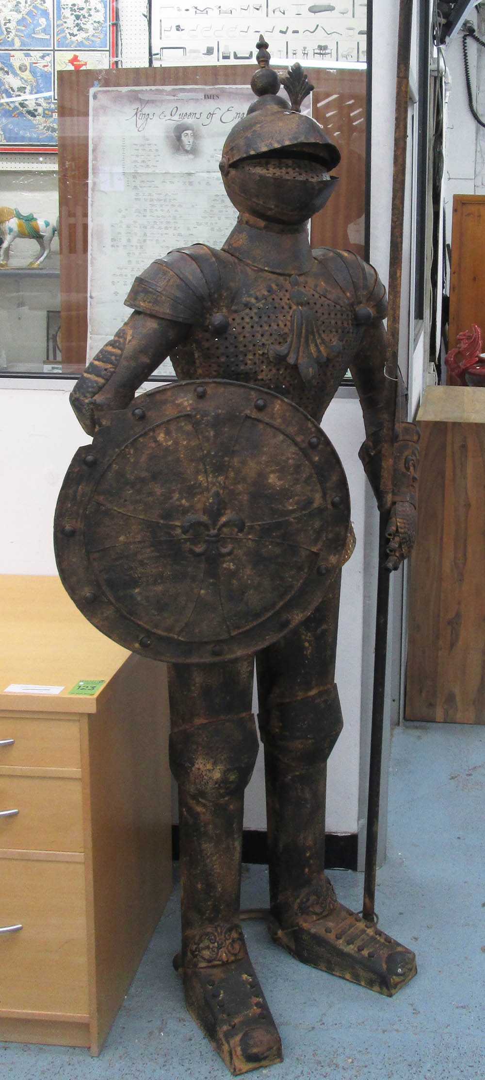 SCULPTURE OF A KNIGHT, in oxidised metal finish, 250cm H.