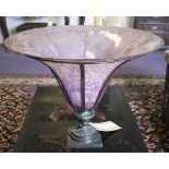 VASE, etched purple glass on bronze frame support and stepped base, 48cm diam x 37cm H.