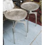 SIDE TABLES, a pair, circular in nickel on tripod supports, 41cm diam x 64cm H.
