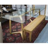 DINING TABLE, the glass top on wooden base with associated bench, 90cm D x 75cm H x 200cm L.