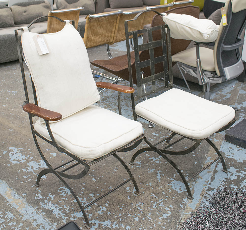 ORANGERY CHAIRS, a set of six, including two carvers, on metal frames with cushion and backrests,