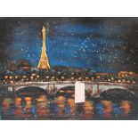 21ST CENTURY DECORATIVE METAL PANEL, Paris at night, in a metal frame, 101cm x 75cm.