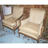 FAUTEUILS, a pair, Louis XVI style beech frame scroll back and fluted supports, 79cm W.