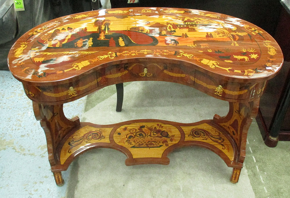 LADIES DESK, Russian style, kidney shaped with faux marquetry, 107cm x 54cm x 80cm H.