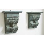 WALL BRACKETS, a near pair, antique painted teak, 38cm H x 30cm W x 18cm D and 36cm H respectively.