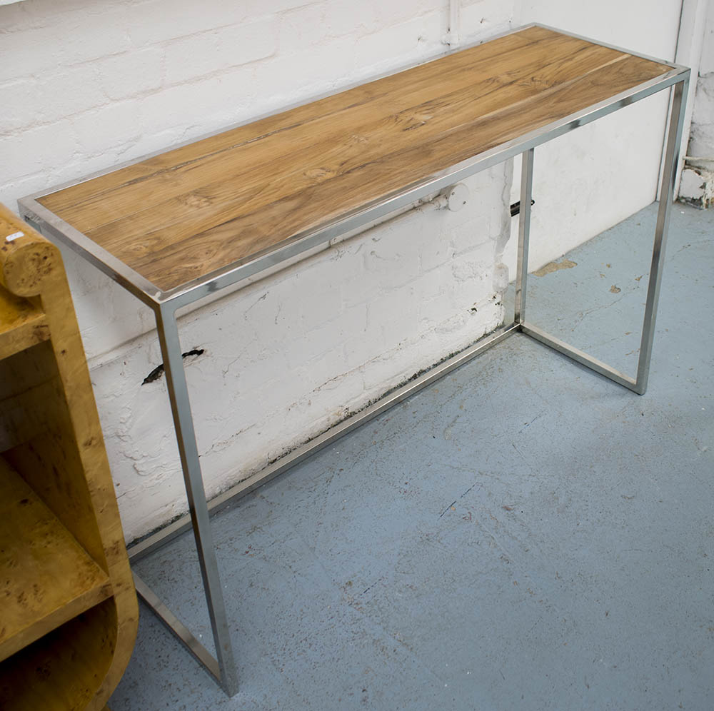 CONSOLE TABLE, with wooden top on chromed metal base, 120cm x 40cm x 80cm H.