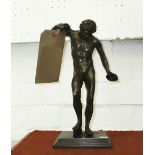 BRONZE MAN WITH DISCUS, on base, 29cm H.