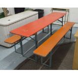 BIER KELLER TABLE, stained pine, rectangular having metal supports, 77cm H x 220cm W x 50cm D,