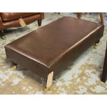 HEARTH STOOL, brown leather upholstered, turned legs with brass terminals and castors,