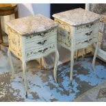 BEDSIDE TABLES, a pair, each with marble tops and fitted three drawers, 40cm W x 34cm x 69cm H.