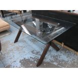 DINING TABLE, glass on X frame base, 90cm x 77cm H x 170cm L.