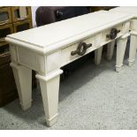 CONSOLE TABLE, of substantial proportions, cream with two drawers and feature handles,