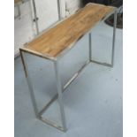 CONSOLE TABLE, with wooden top on chromed metal base, 100cm x 30cm x 70cm H.