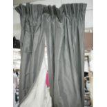 CURTAINS, two pairs, grey silken fabric lined and interlined, 115cm gathered by 323cm drop.