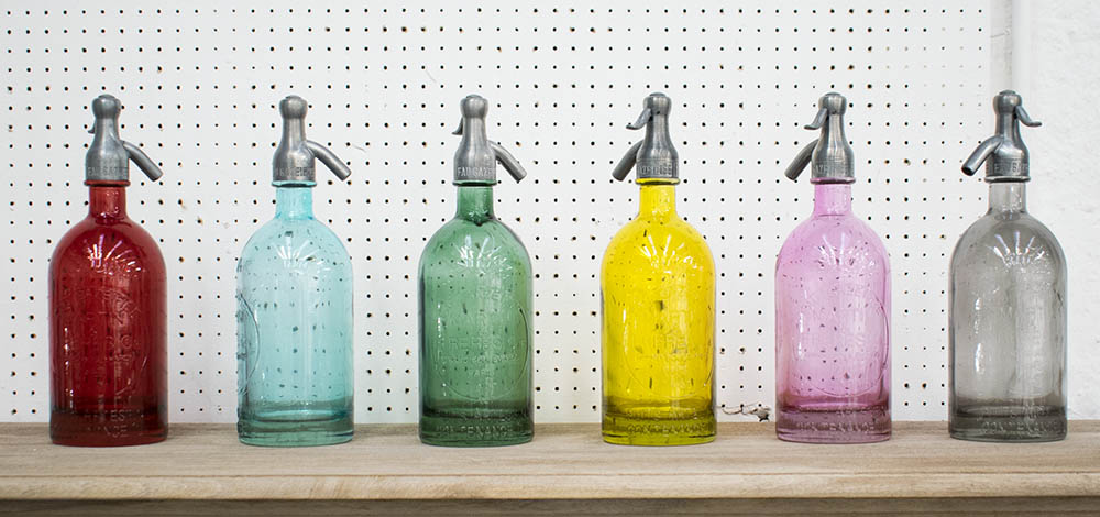 SODA SYPHONS, a set of six, various colours, 32cm H.