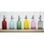 SODA SYPHONS, a set of six, various colours, 32cm H.