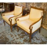 BERGERES, a pair, Charles X style with yellow patterned and cream dot upholstery, 74cm W x 96cm H.