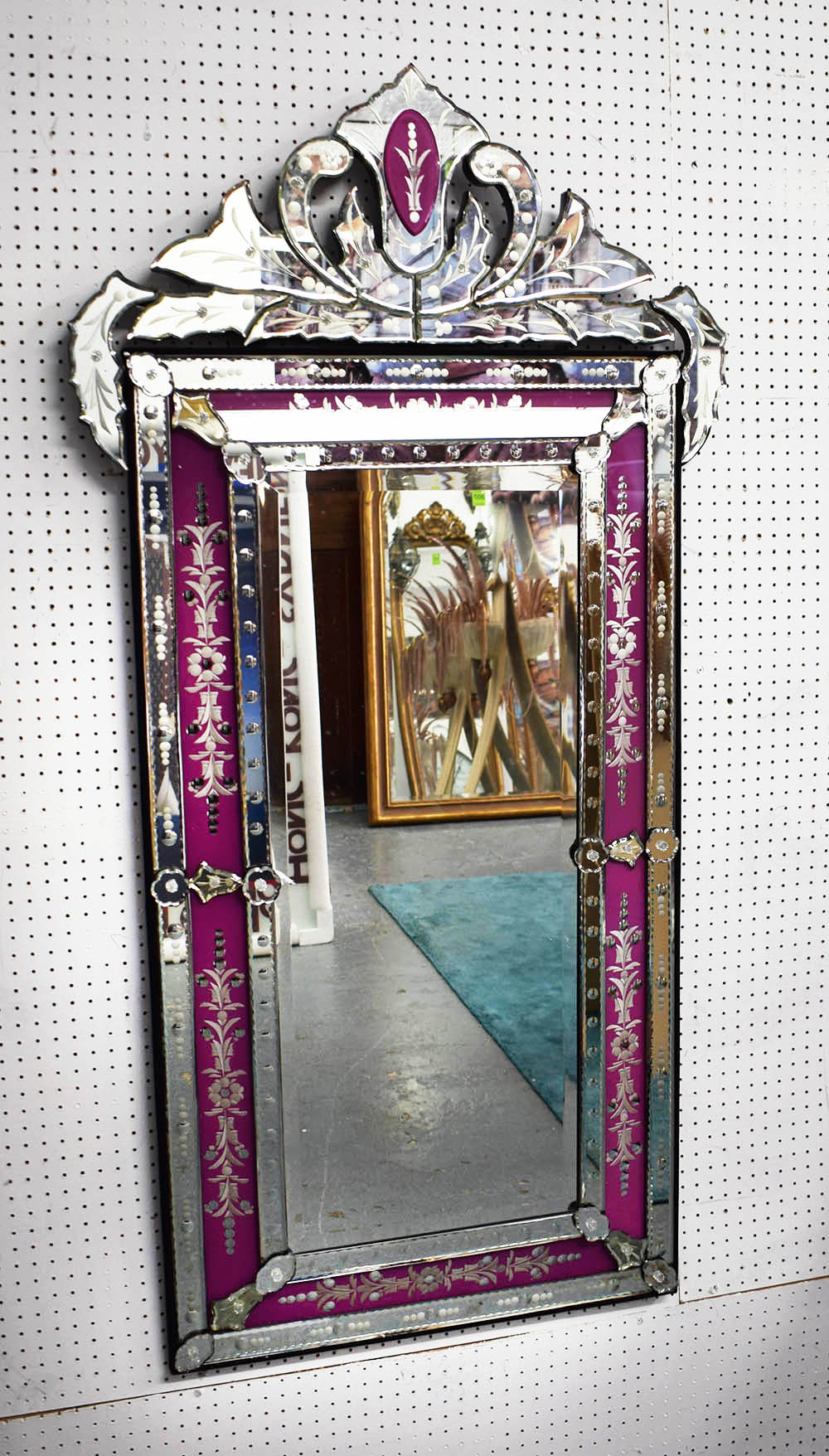 MIRROR, Venetian style, bevelled plate with etched mirrored surround, 141cm x 71cm.