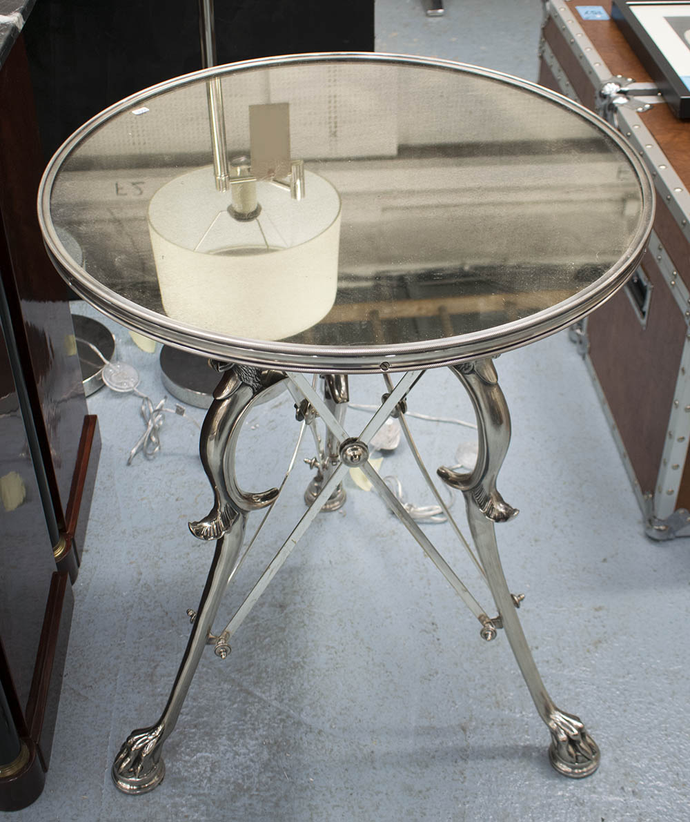 CENTRE TABLE, Empire style, circular mirrored top on chromed metal supports, 61cm diam. x 76cm H.