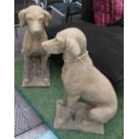 GARDEN DOG STATUES, a pair, 19th century Cotswold stone style in weathered finish, 75cm H x 58cm L.