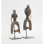 TRIBAL ARTS, two weaving loom pulley carvings, of figurative design, collected in Ghana,