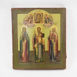 RUSSIAN ICON, painted on wooden panel, depicting three saintly figures, 35cm H x 31cm W.
