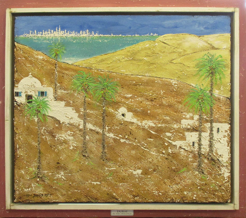 KEN DAVIS 'Dubai in the distance', mixed media on board, signed lower left.