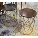 OCCASIONAL TABLES, a pair, gilt metal framed with a circular slate coloured top, 41.