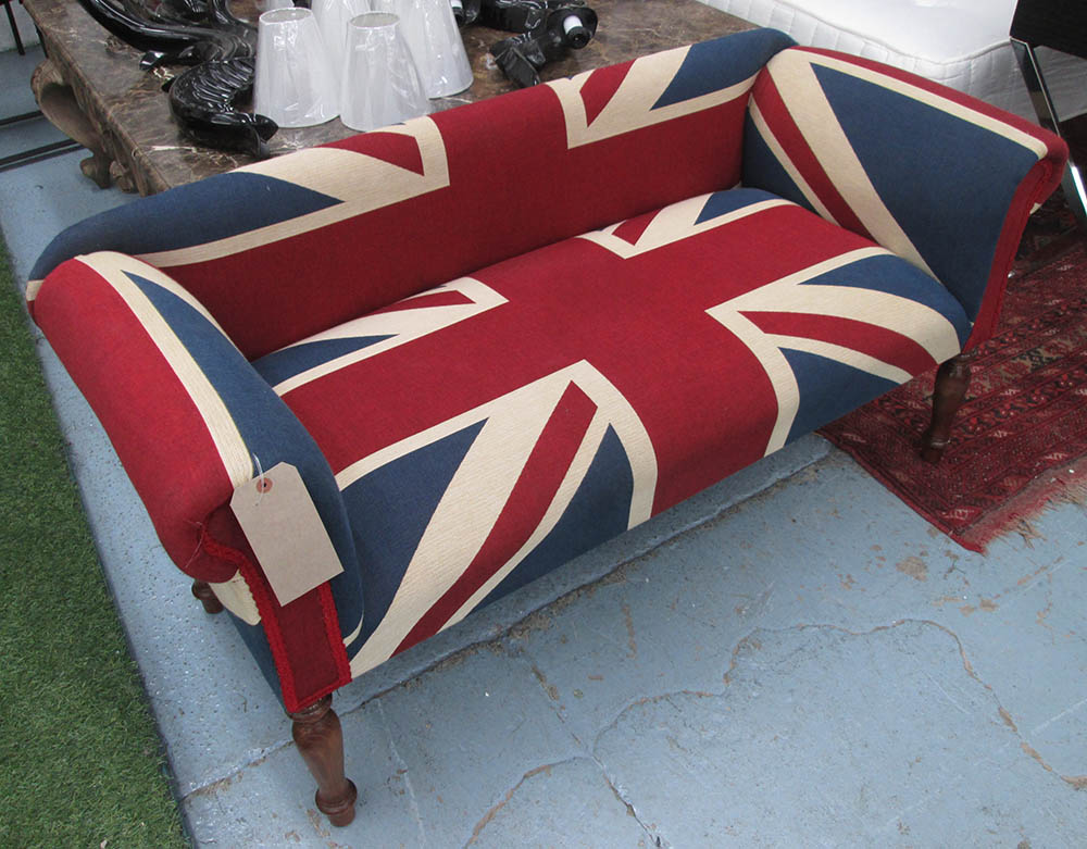 HALL SEAT, two seater in Union Jack fabric on turned supports, 133cm L.