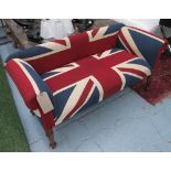 HALL SEAT, two seater in Union Jack fabric on turned supports, 133cm L.