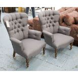 ARMCHAIRS, a pair, in grey buttoned fabric on turned castor supports, 67cm W.