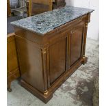 SIDE CABINET, the marble top over a frieze drawer and a pair of doors flanked by columns,