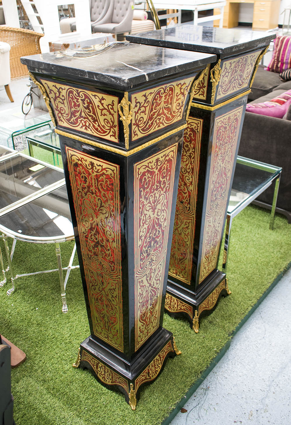 PEDESTALS, a pair, Boulle style with marble tops, 39cm x 39cm x 125cm H.