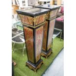 PEDESTALS, a pair, Boulle style with marble tops, 39cm x 39cm x 125cm H.
