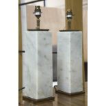 TABLE LAMPS, a pair, white marble and brass mounted of square pillar form, 42cm H x 11cm W.