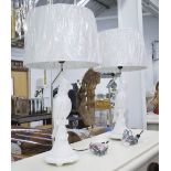 TABLE LAMPS, a pair, with cockatoo's in blanc de chine with shades, 75cm H.