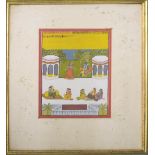 PHARI INDIAN ILLUSTRATION, 19th century watercolour, portraying figures in a garden, 29cm H x 18.