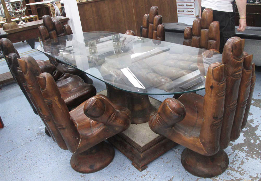 'HANDS' DINING SET, carved wood, of table and six chairs, 245cm x 91cm x 71cm H.