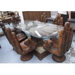 'HANDS' DINING SET, carved wood, of table and six chairs, 245cm x 91cm x 71cm H.