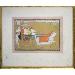 PAHARI INDIAN ILLUSTRATION, mid 19th Century, family figures in an oxen drawn carriage,