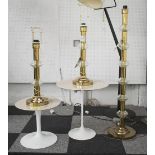 STANDARD LAMP, brass with glass detail, each 58cm H, and two side lamps to match.