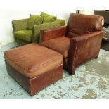 RALPH LAUREN ARMCHAIR, brown leather, on square supports, 84cm W,