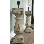LAMPS, a pair, Continental style distressed turned and gesso carved columns, 76cm H.