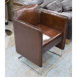 ALLERMUIR TOMMO CLUB ARMCHAIRS, a pair, hand finished leaf brown leather with chrome supports,