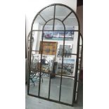 GARDEN MIRROR, Architectural style with domed top within a metal frame, 206cm x 109cm.