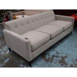 SOFA, three seater, in neutral button back fabric on square supports, 195cm L.