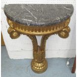 DEMI LUNE CONSOLE TABLE, with marble top on an ornate gilded base, 66cm x 33cm x 88cm H.